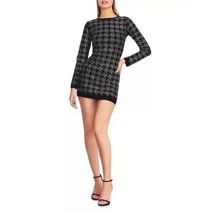 NWT RETROFETE Leanna Studded Houndstooth BLACK & silver long sleeves Mini Dress